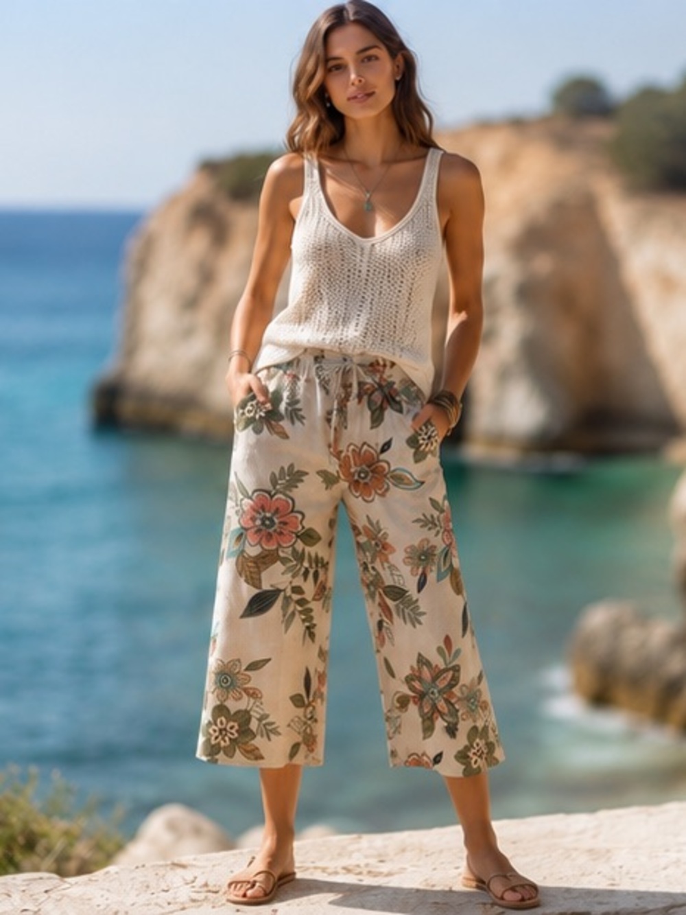 HOT COTTON Tan & Black Tropical Floral Print Linen Blend Flood Pants Sz L